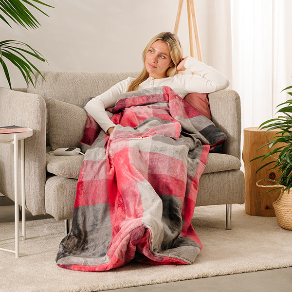 Plaid riscaldabile da divano o copriletto IMETEC Tartan Velvet 160 x 120 cm  con tecnologia Intellisense in velluto con disegno tartan e peluche bianco,  lavabile in lavatrice